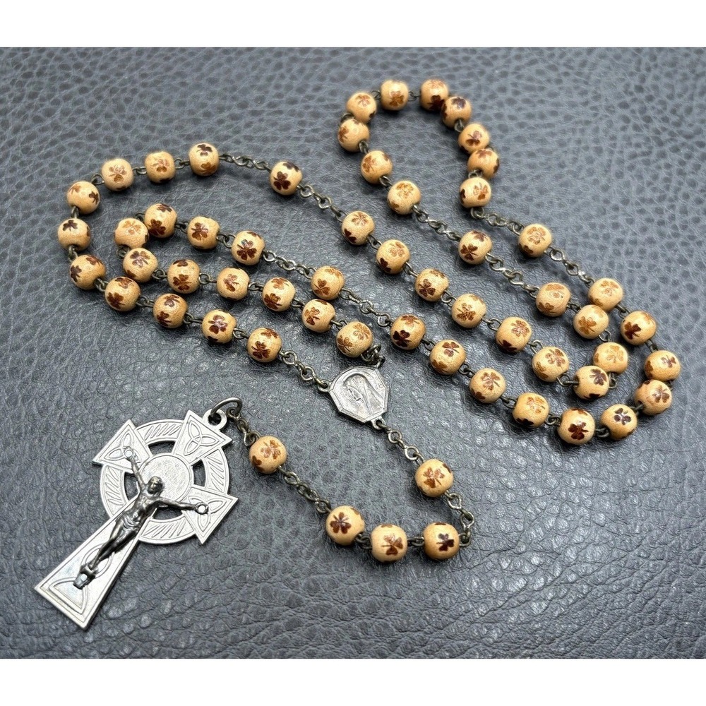 Vintage Wood Bead Celtic Cross Rosary Necklace Shamrock Beads Silver Tone